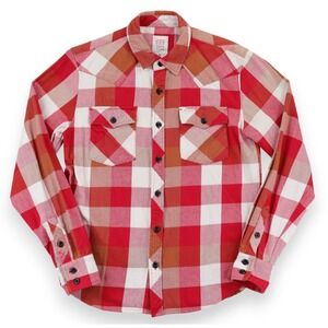 Topo Designs Mountain Shirt Camp Mens Medium Red Pink Tan Plaid Cotton Outdoor